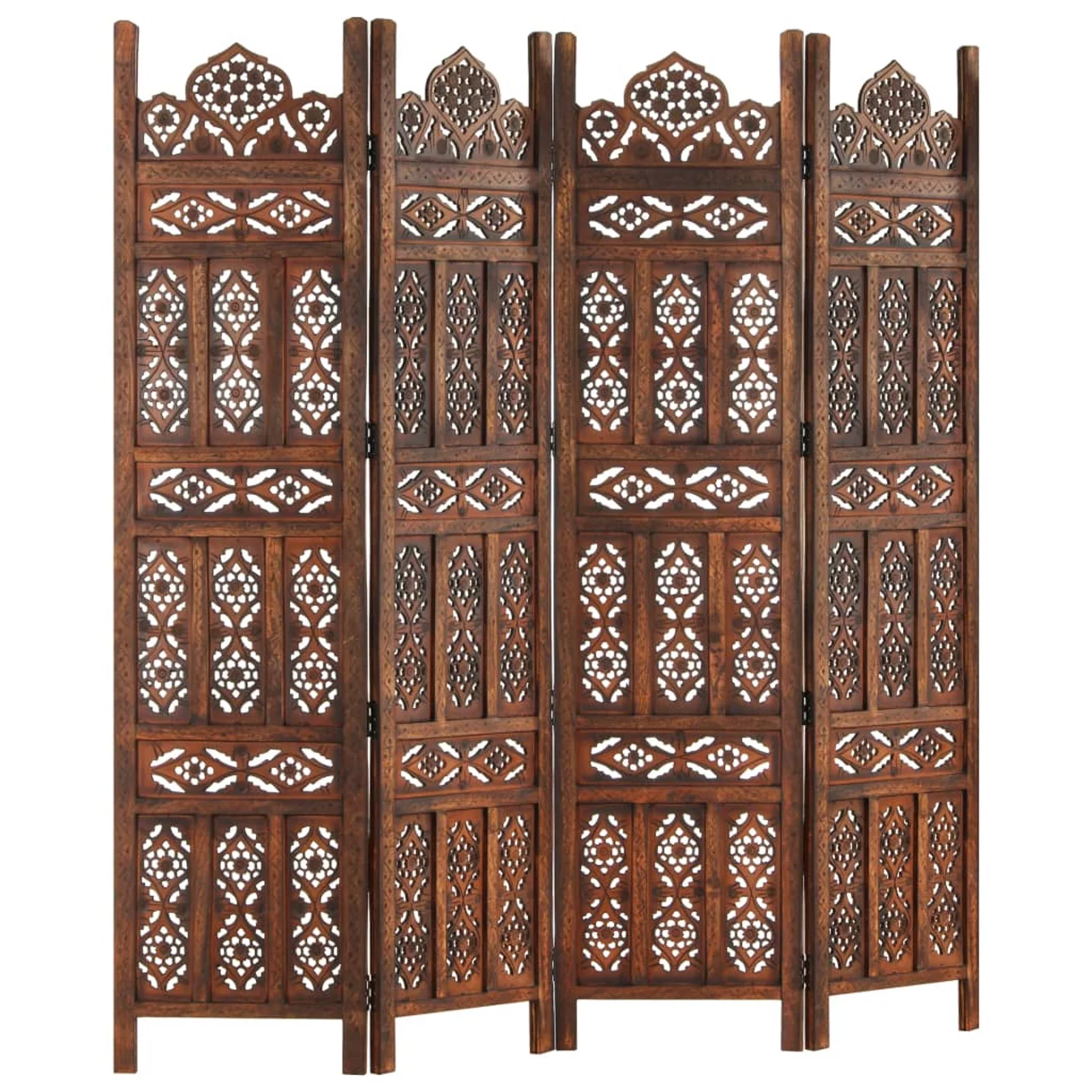 Anself Hand Carved 4-Panel Room Divider Freestanding Room Partition Panel Folding Screen Mango Wood Brown for Bedroom, Bathroom, Living Room