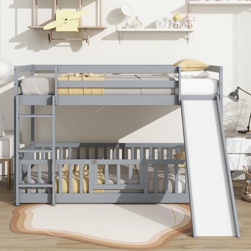 Bunk Beds Twin Over Full Size, Pine Solid Wooden Bunk Bed with Slide, Storage Staircase, Safety Guardrails for Kids, White