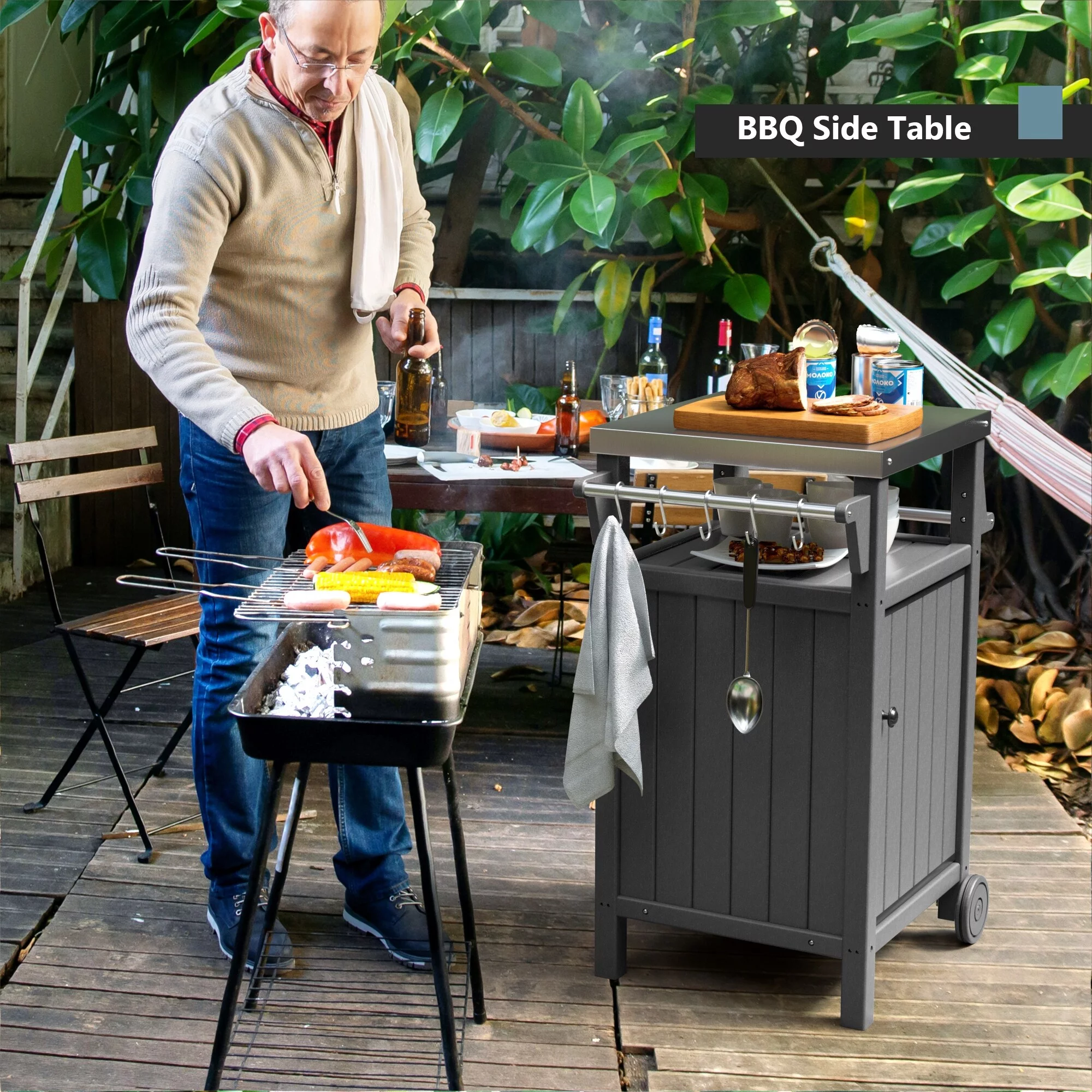 Barbecue/Grill Side Table Trolley, Outdoor Prep Dining Table Serving Cart with 304 Stainless Steel Top-HDPE Grey