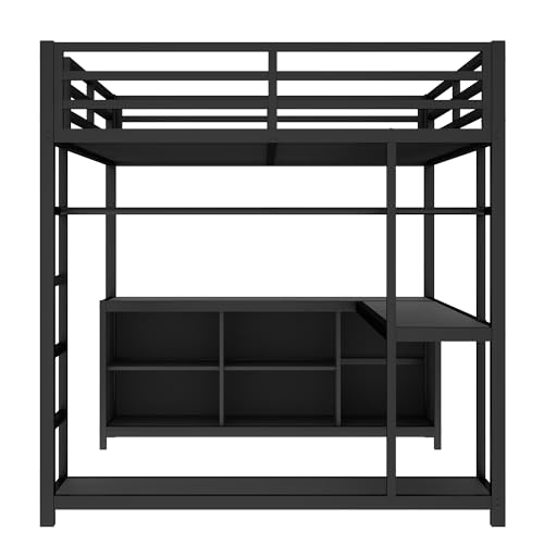 Queen Metal Modern Loft Bed with Wardrobe, L-Shaped Desk, Storage Cubes and Shelves, Black