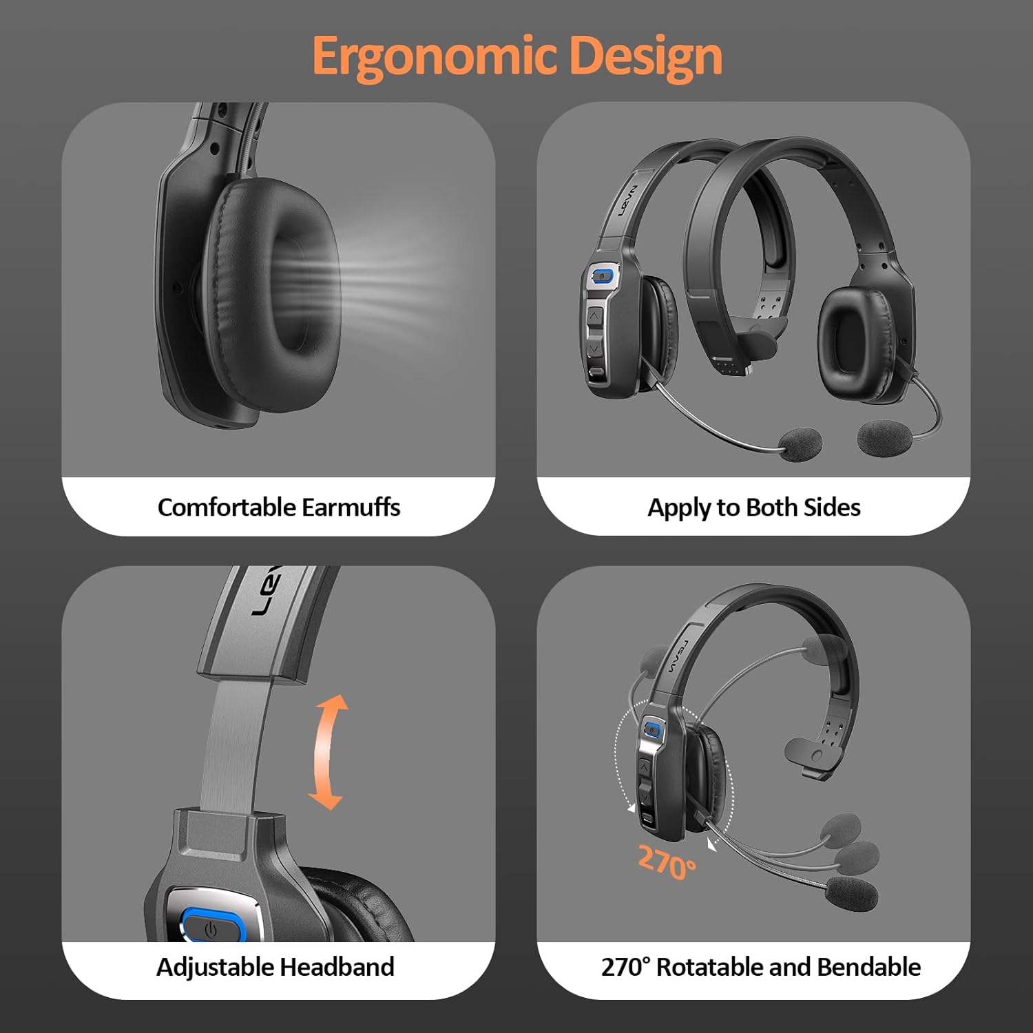 LEVN Bluetooth Headset with Microphone, Trucker Bluetooth Headset with AI Noise Cancelling & Mute Button