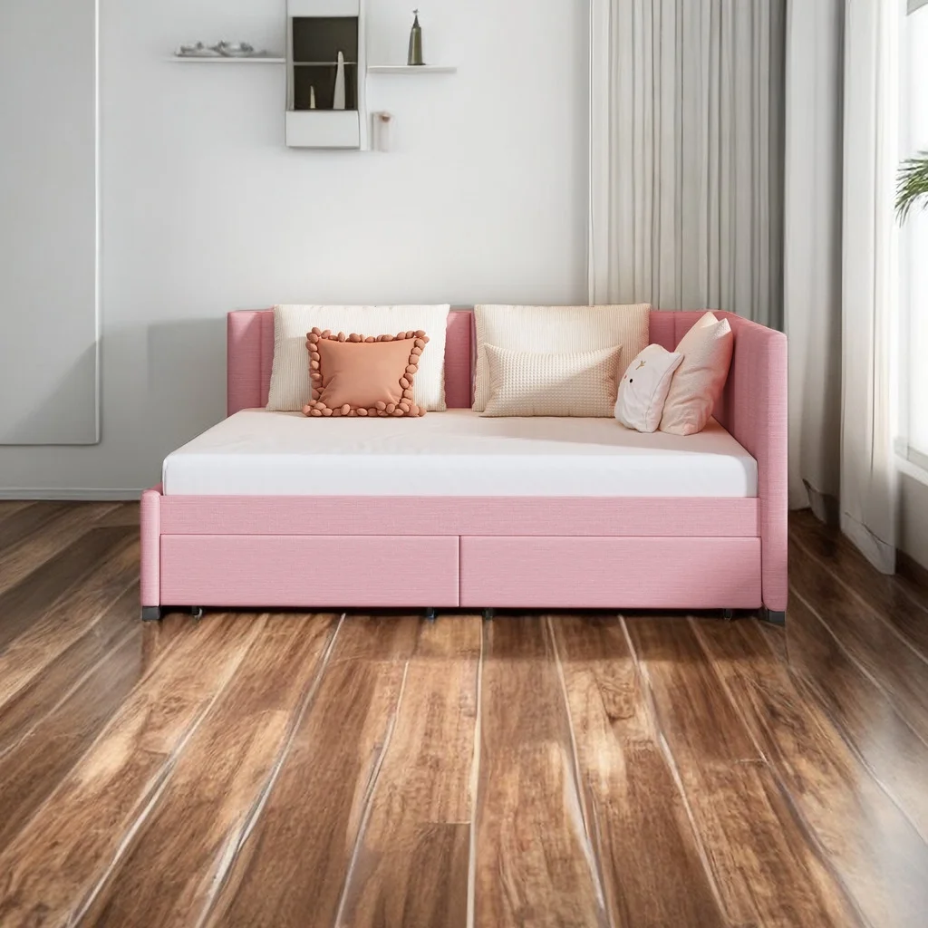 Full Size Daybed, Upholstered Full Daybed with 2 Storage Drawers, Linen Fabric Full Size Sofa Bed Frame, No Box Spring Needed