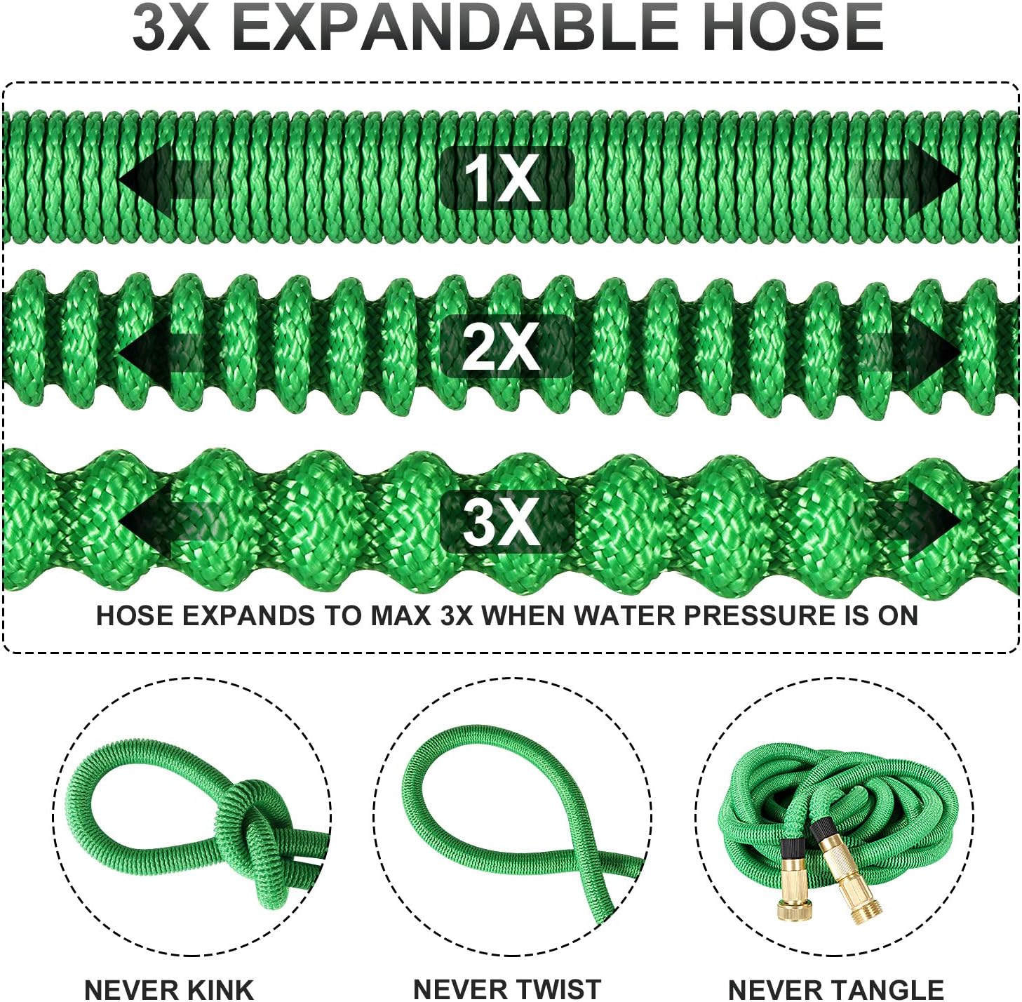 100 ft Garden Hose Upgraded Expandable Hose, Durable Flexible Water Hose, 9 Function Spray Hose Nozzle, 3/4" Solid Brass Connectors