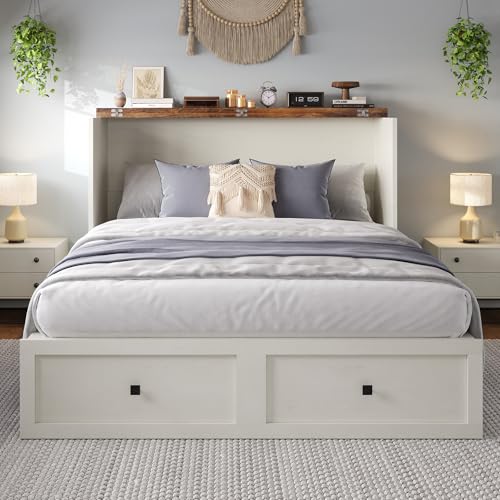 Full Size Murphy Bed with Charging Station, Cabinet Bed with Large Storage Drawer for Home Office or Small Room, Full Foldable Platform Bed, White