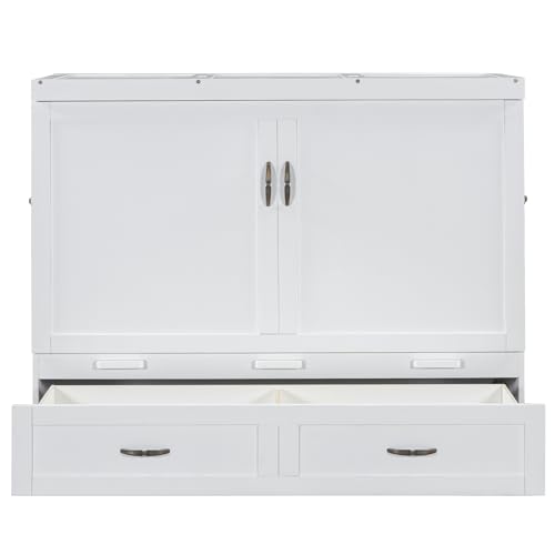 Harper & Bright Designs Queen Size Murphy Bed Cabinet Wall Bed Chest with USB, Charging Station and Large Storage Drawer for Home Office (White)