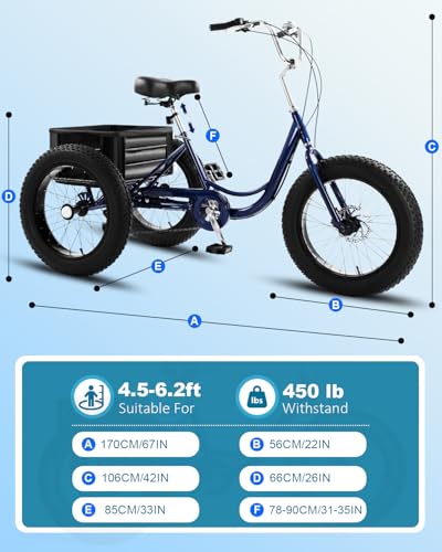 StableRide Adult Tricycle, 20-Inch Fat Tire All-Terrain 3-Wheel Bike, 7-Speed Heavy-Duty, 450lb Capacity, Large Cargo Basket, Dual Disc Brakes