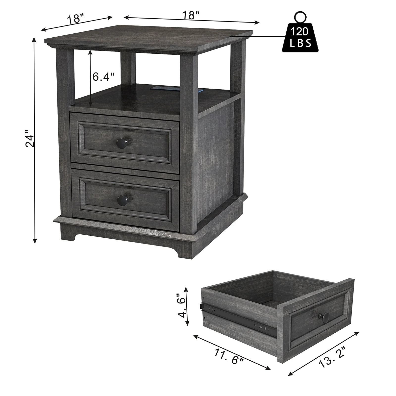 24” Tall End Table with Fast USB C Charging Station,Sofa Side Table with 2 Drawers, Large Storage Rustic Wood Square Storage Cabinet for Living Room