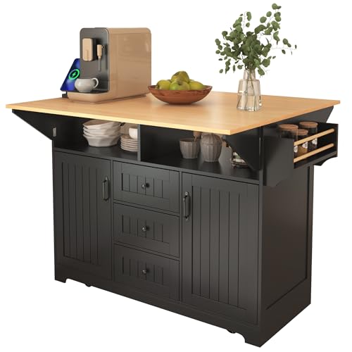 Large Kitchen Island Cart with 2 Drop Leaf, Mobile Dining Table with Storage Cabinet, Rolling Kitchen Cart with Power Outlets, 3 Drawers