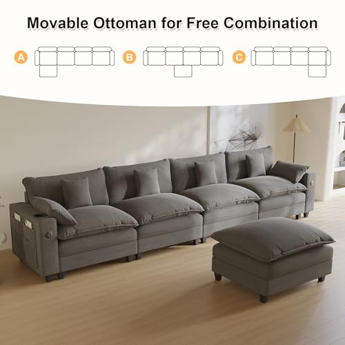 Modular Sectional Sofa, Cloud Couch with Ottoman, Charging Station, Throw Pillows, Cup Holders, Modern Convertible U Shaped Couches for Living Room