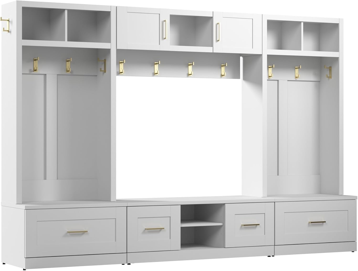 Bush Furniture Hampton Heights Full Entryway Storage Set with Coat Rack, Hall Trees, and Shoe Benches with Doors and Drawers in White | Foyer