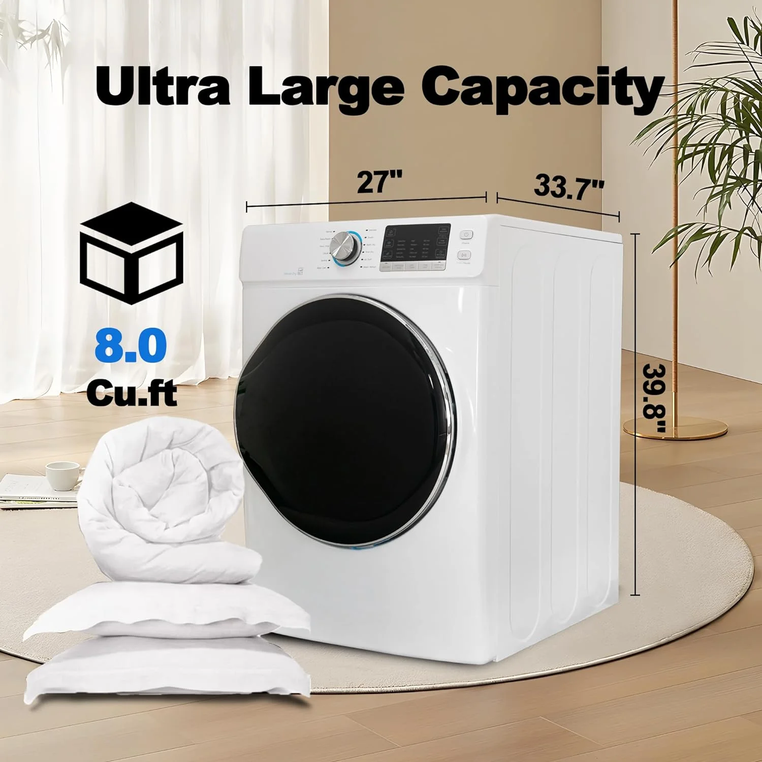SMAD 8 Cu ft Electric Front Load Dryer, 27 in.W Large Capacity, Steam Function, Wrinkle Care, Stackable, Reversible Door