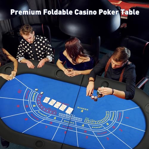COLOR TREE Foldable Blackjack Poker Table, 84" Premium Texas Hold'em with Cup Holders, Padded Rails, Stylish Blue Design
