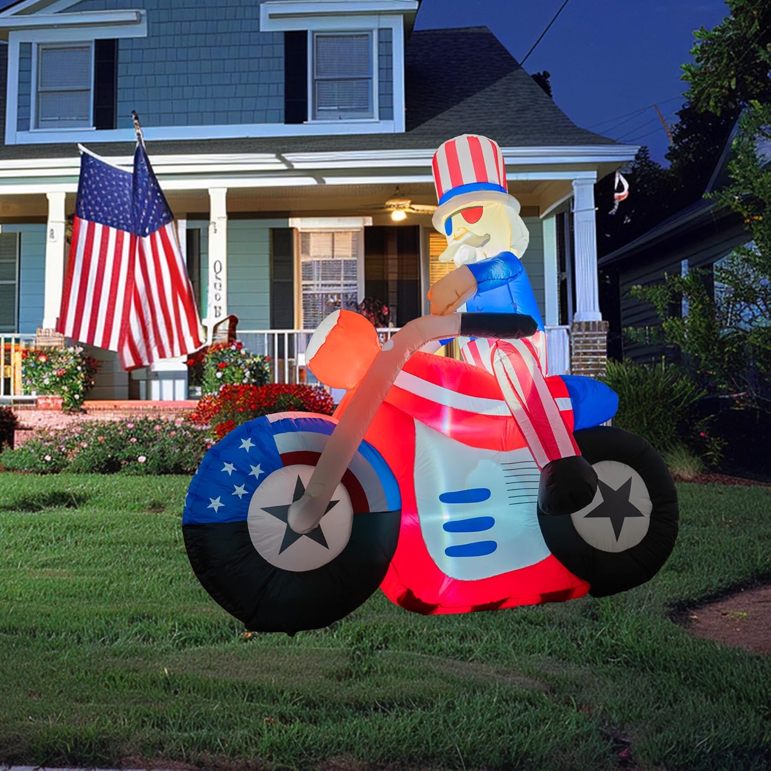 Dazzle Bright 4th of July Inflatable Decorations, 6FT Uncle Sam on Motorcycle Pre-Lit LED Independence Day Decor