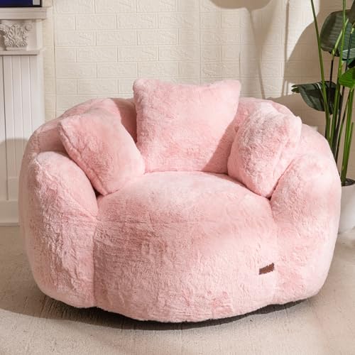 MAXYOYO Bean Bag Chair for Adults, Floral Shaped Bean Bag Sofa, Ultra Soft Faux Fur Floor Sofa, Large Reading Chair for Living Room Bedroom, Beige