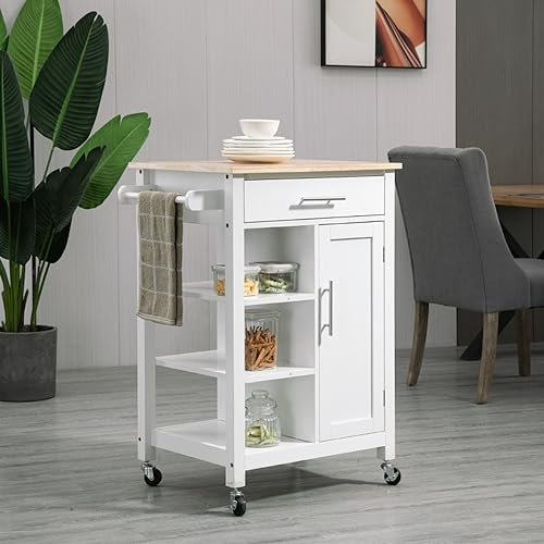 Kitchen Cart with Wood Tabletop - Rolling Serving Utility Trolley Cart - Mobile Kitchen Island with Storage - Microwave Cart on Wheels - 1 Drawer
