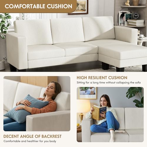 YESHOMY L-Shaped Convertible Sectional Sofa 3 Seater with Corduroy Fabric, Complete with Mobile Footrest, for Living Room, Apartment and Office, 70"