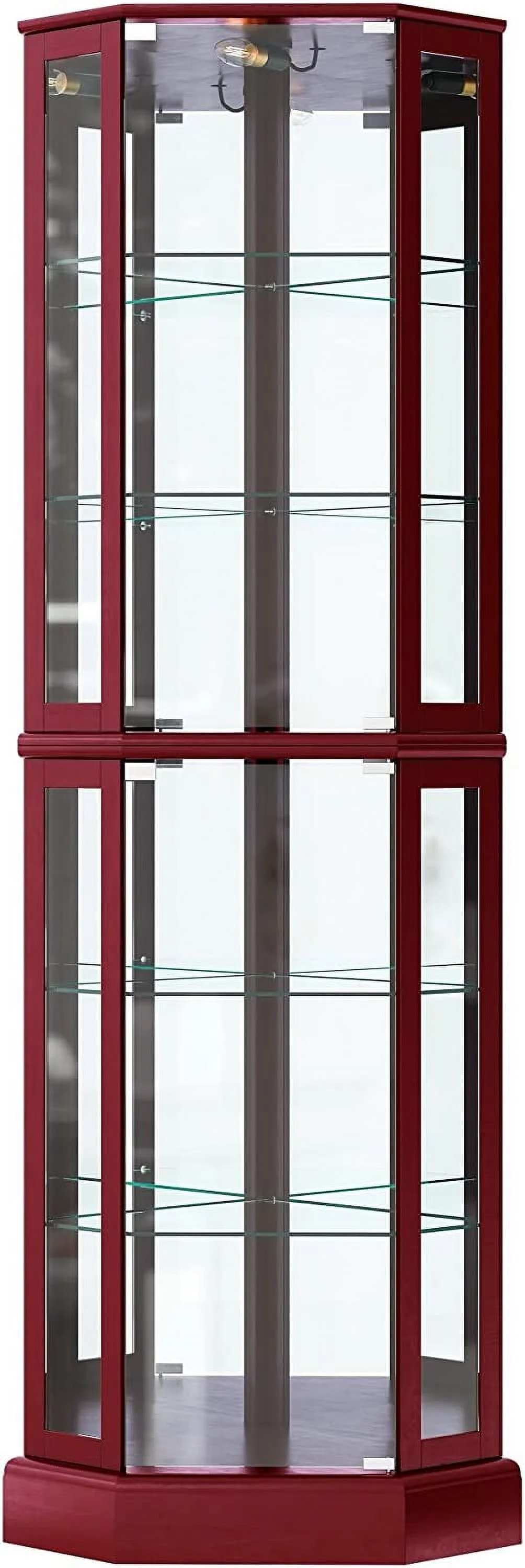 Lighted Corner Display Curio Cabinet Wooden Curved Shelving Unit with Tempered Glass Door, Bar and Liquor Storage Area with 6 Shelves