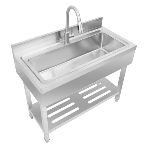 Stainless Steel Kitchen Sink 50L Freestanding Single Bowl Utility Sink with Cold and Hot Water Pipe and Pull-Out Faucet Utility Washing Hand Basin