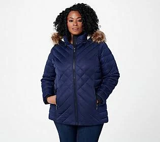 Nuage Stretch Mixed Quilted Puffer Coat with Faux Fur u0026 Hood, Size X-Small, Dark Blue