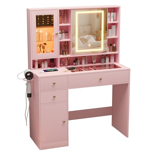 Makeup Vanity Desk with Mirror and Lights, White Vanity with Glass Top, LED Lights & Power Outlet, 3 Drawers & 2 RGB Glass Cabinets
