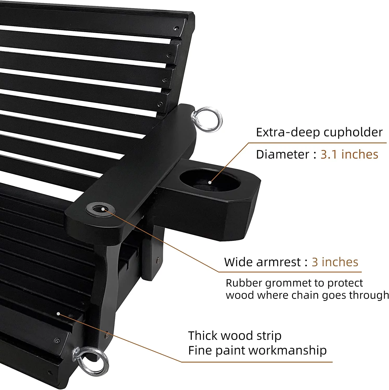 Wooden Porch Swing 3 Seater, 800 lbs Bench Swing for Outdoor Patio Garden Yard, 5 feet Black