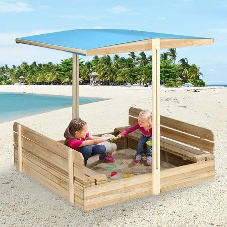 KingSo Kids Sandbox with Cover Wooden Outdoor Sandbox with Canopy, with 2 Bench Seats, Sandbox with Canopy for Backyard Home Gar