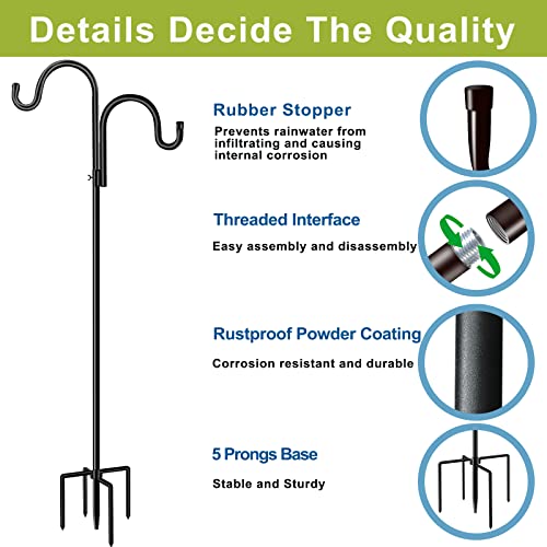 Double Shepherds Hook for Outdoor,78 Inch Bird Feeder Pole with 5 Prongs Base,Adjustable Heavy Duty Garden Hanging Holder for Hanging Plant