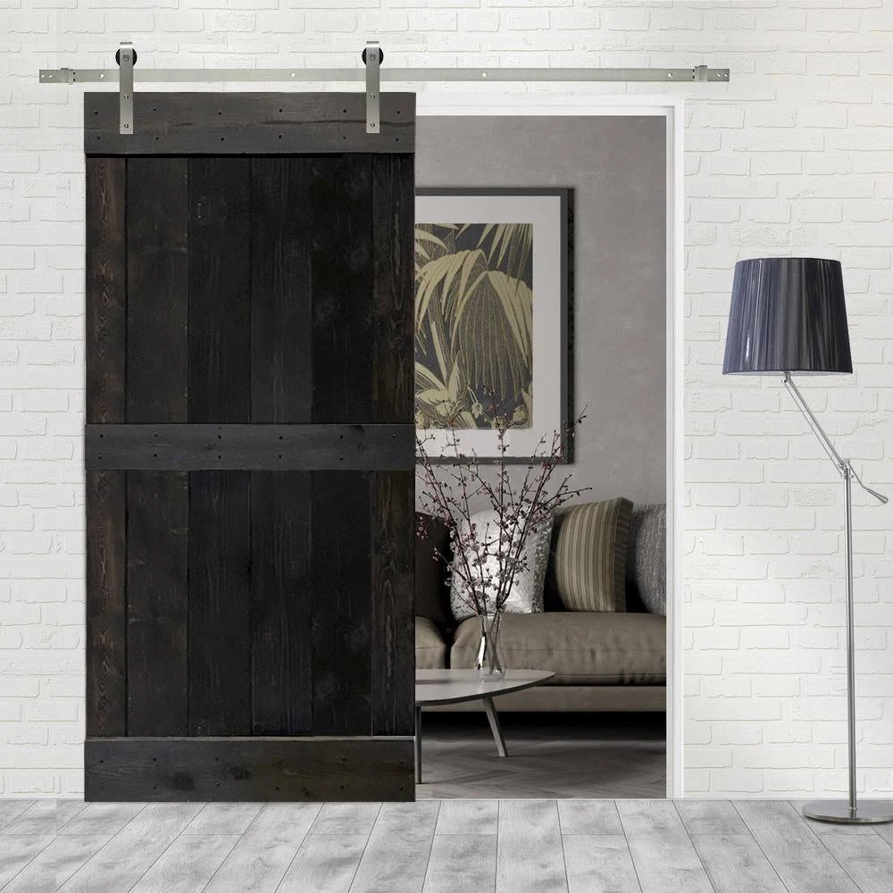 CALHOME MidBar Series Stained Wooden Sliding Barn Door w/ Hardware Kit (Charcoal Black - 24 x 84)