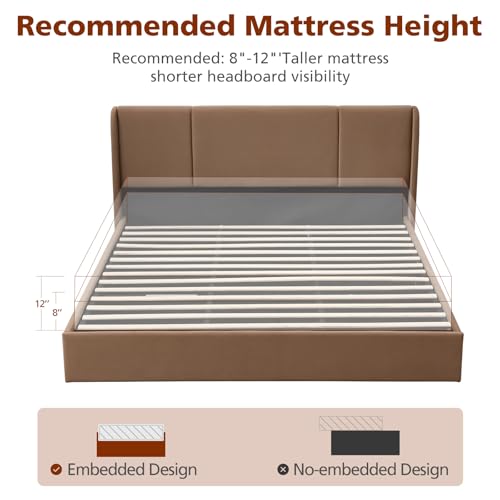 VELOCAVA Queen Size Lift Up Storage Bed with Modern Wingback Headboard, Upholstered Platform Bed with Fabric with Hydraulic Support Bars