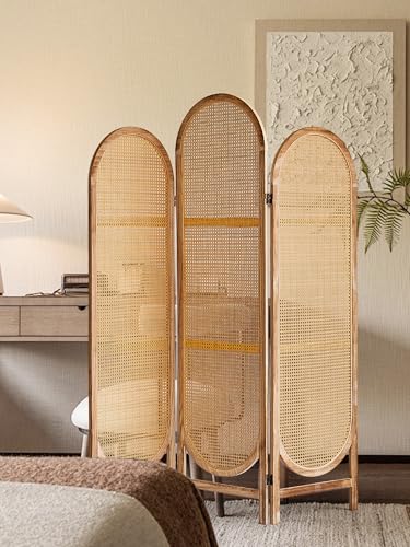 3 Panel Room Dividers and Folding Privacy Screens, Hand-Made Rattan Room Divider with Bi-Directional Hinge