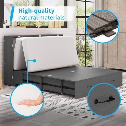 Mjkone Murphy Bed Cabinet,Built-in 3-Port Charging Station, 2 Storage Drawers, Foam Mattress, Queen Size Solid Wood Bed Cabinet