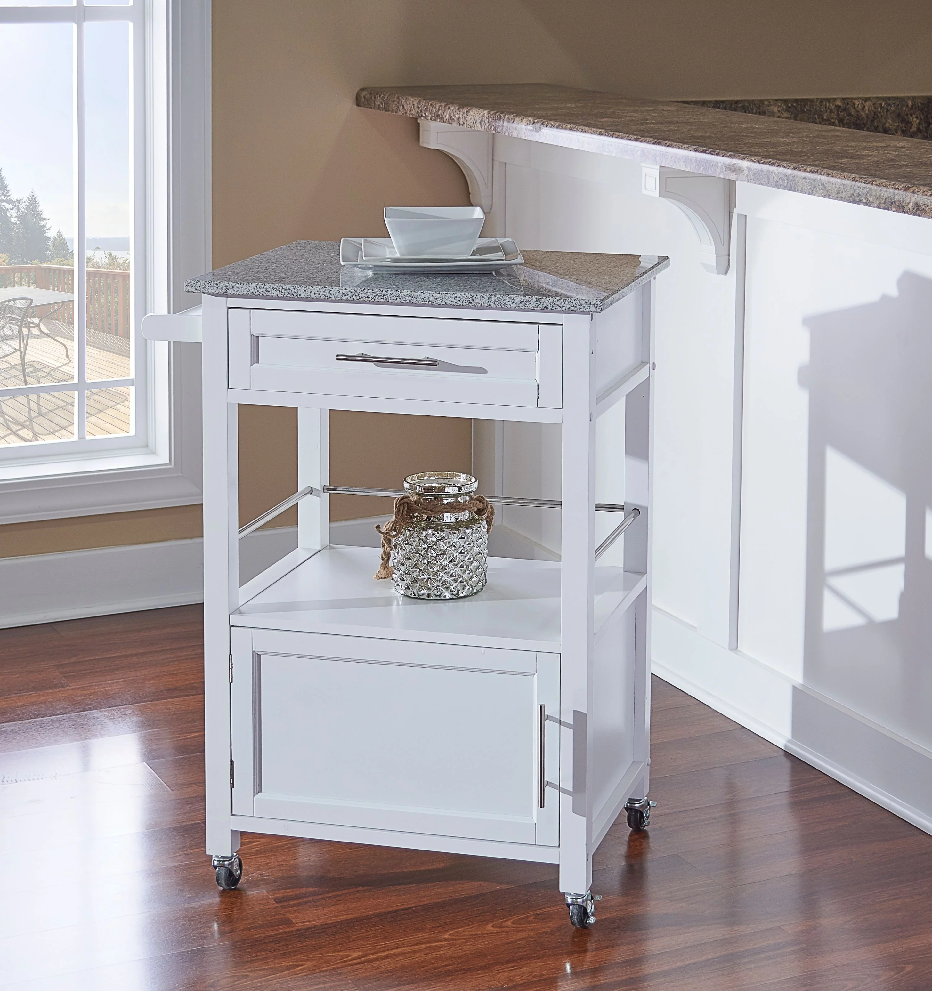 Linon Mitchell Wood Granite Top Kitchen Cart in White