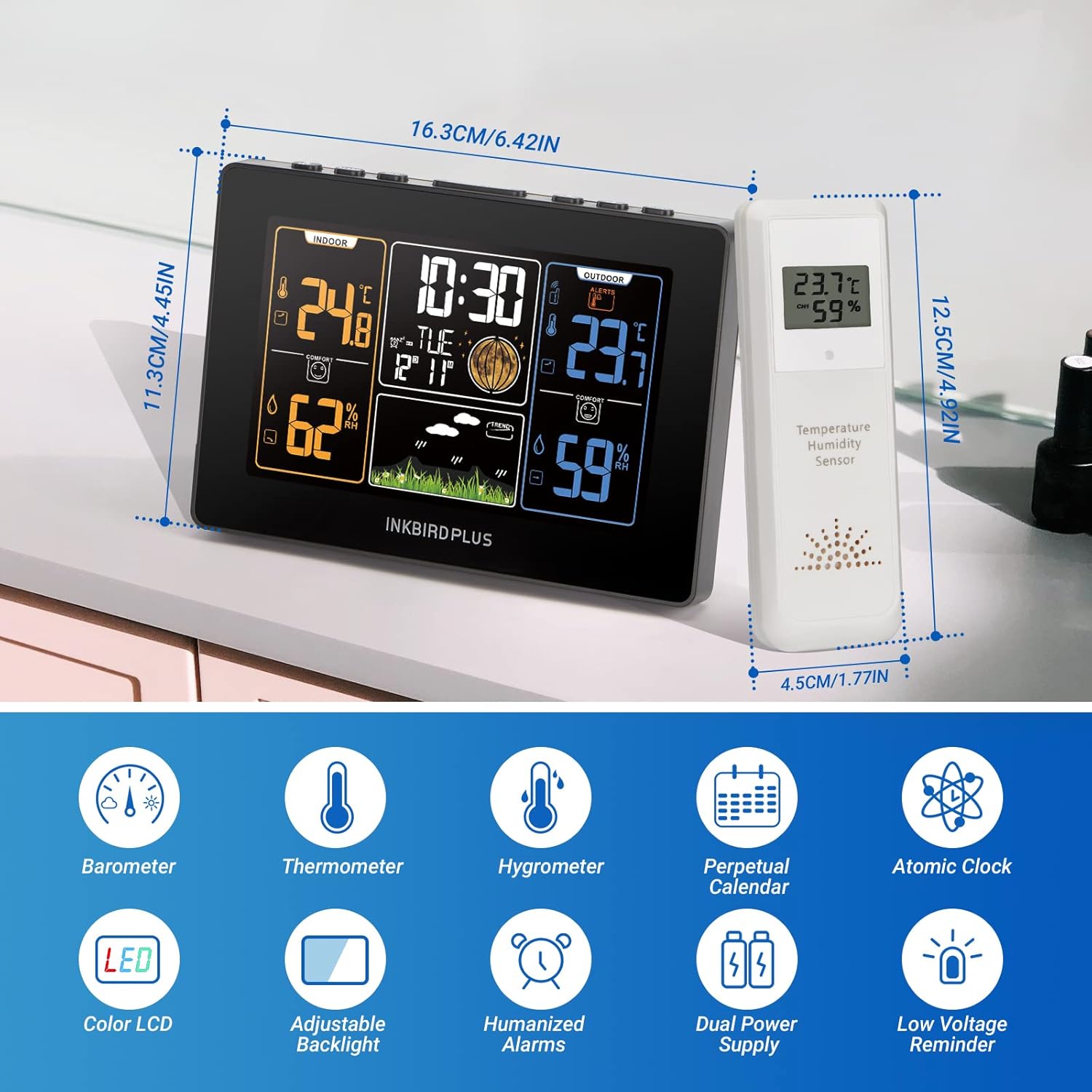 INKBIRDPLUS Home Weather Station Wireless Indoor Outdoor, Digital Thermometer and Hygrometer Weather Forecast Station with FCC Radio Clock