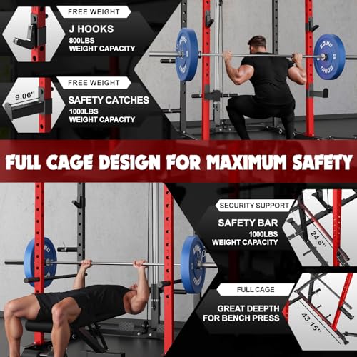 C1-V4 Power Cage, 2000LBS Squat Rack with LAT Pulldown, Multi-Function Weight Cage Strength Training Machine
