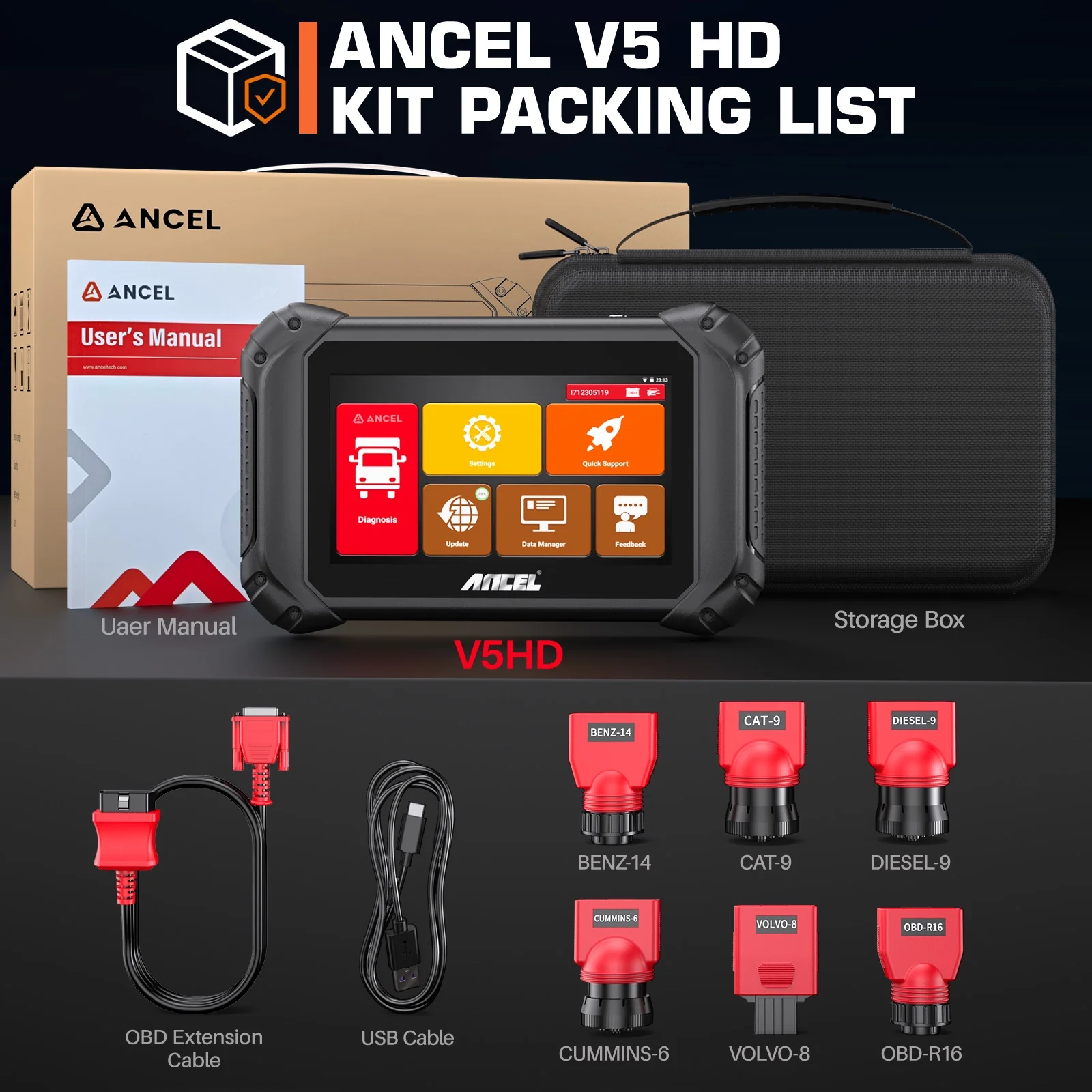 ANCEL V5 HD Diesel Truck Bi-directional Diagnostic Scan Tool Heavy Duty Truck All System Scanner 40+ Maintenance Reset DPF Regen ECU Coding OBD2 2 IN