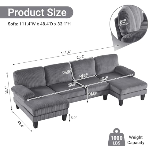 VINGLI 110" Sectional Couches for Living Room,U Shaped Couch with Double Chaise, 4-Seat Sofa Set with Chenille Fabric for Home Furniture,Forest Green