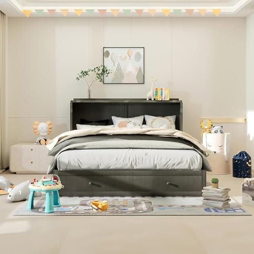 Murphy Bed Queen Cabinet, Pine Wood Murphy Bed,Queen Cabinet Bed with Mattress,Storage Drawer, USB Charging Station