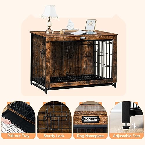 HOOBRO Dog Crate Furniture, 38.6" Large Dog Kennel Indoor, Wooden Cage with Pull-Out Tray