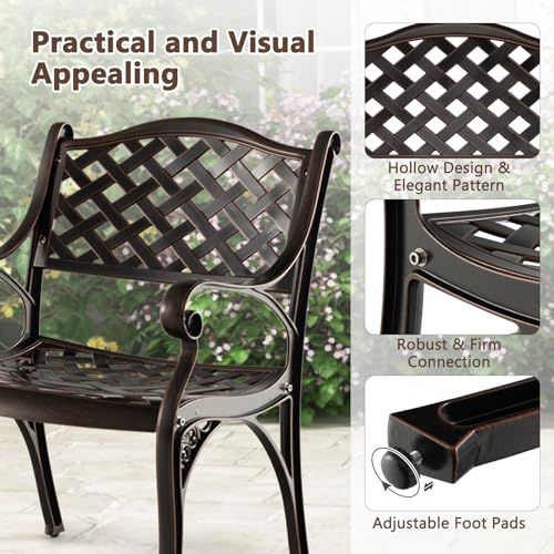 Giantex Cast Aluminum Patio Chairs Set of 2, All Weather Outdoor Dining Chairs w/Armrests and Curved Seats, Heavy Duty Metal Bistro Chairs for Porch