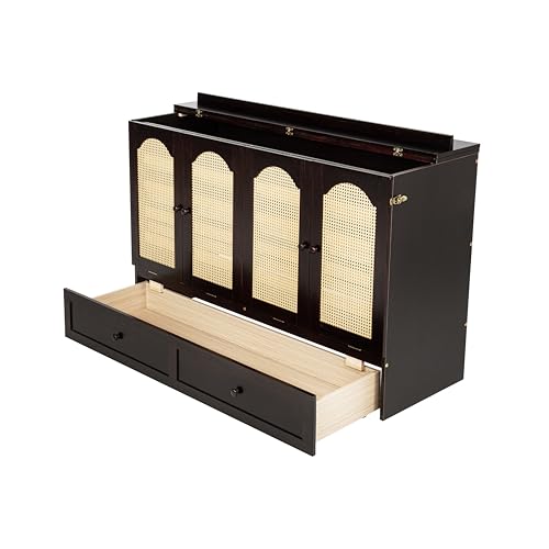 Queen Murphy Bed with Desk and Removable Shelves on Each Side, Murphy Bed Chest Murphy Bed Frame w/USB Port for Home Office, Studio or Guest Room