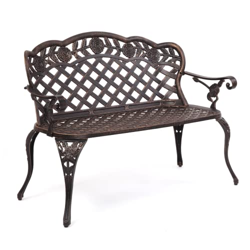 VINGLI 42.5" Outdoor Bench, Antique Cast Aluminum Front Porch Bench Metal Garden Benches Cast Iron Benches 2-3 People Seating (Black)
