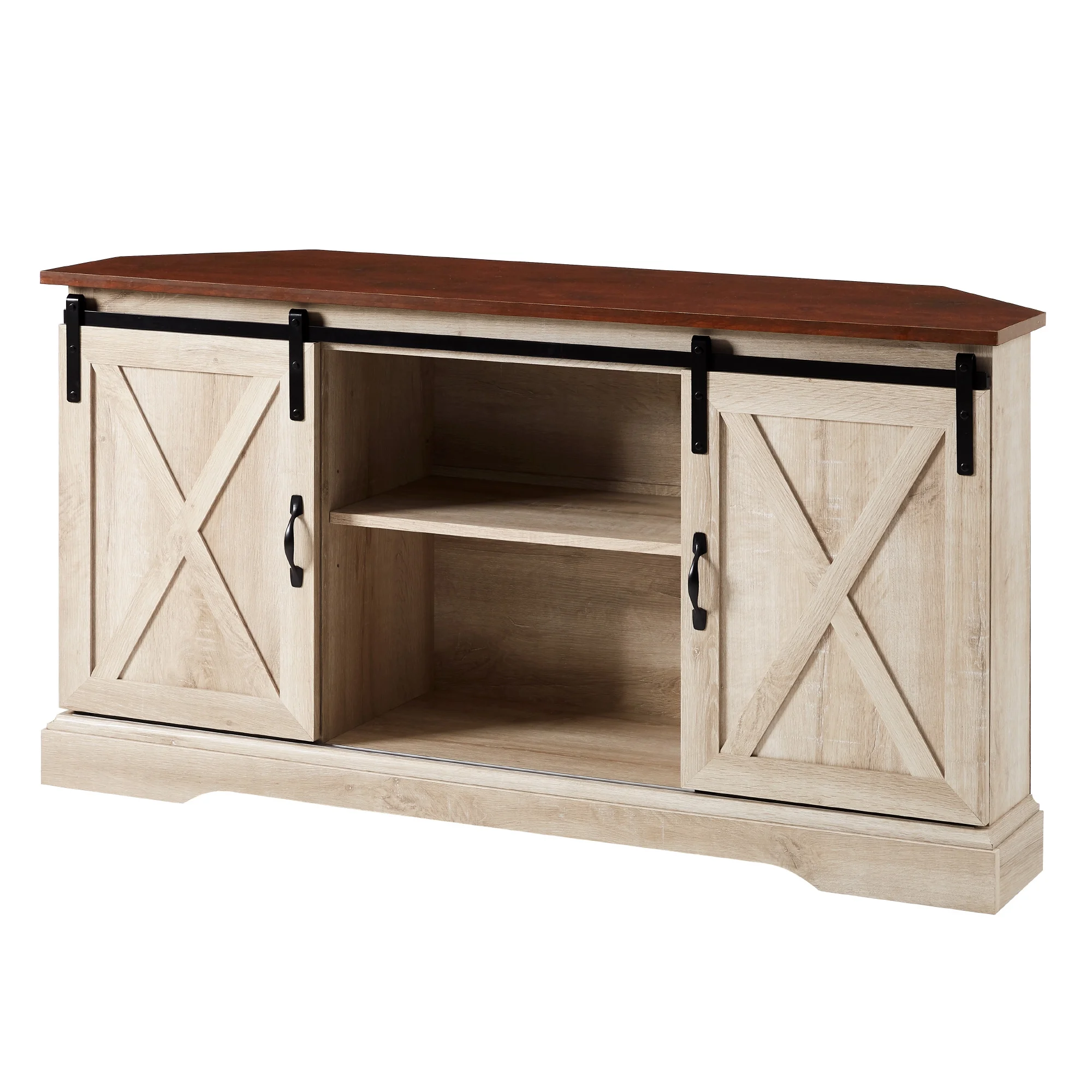 Walker Edison Modern Farmhouse Sliding Door Corner TV Stand, White Oak