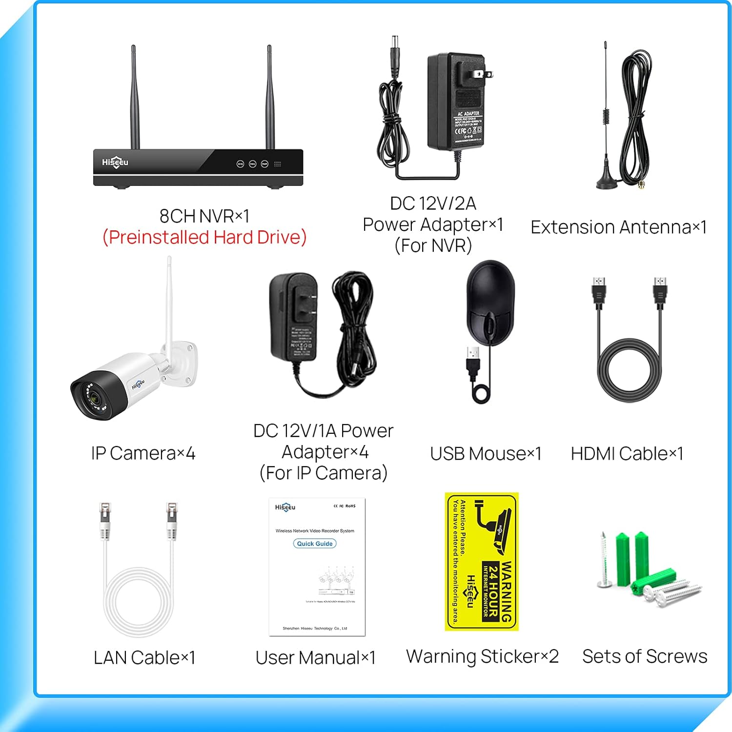 【2K,Two Way Audio】Hiseeu WiFi Security Camera System,1TB Hard Drive,12V DC Power Cords,3 Megapixels,8CH Dual WiFi NVR,Mobile&PC Remote