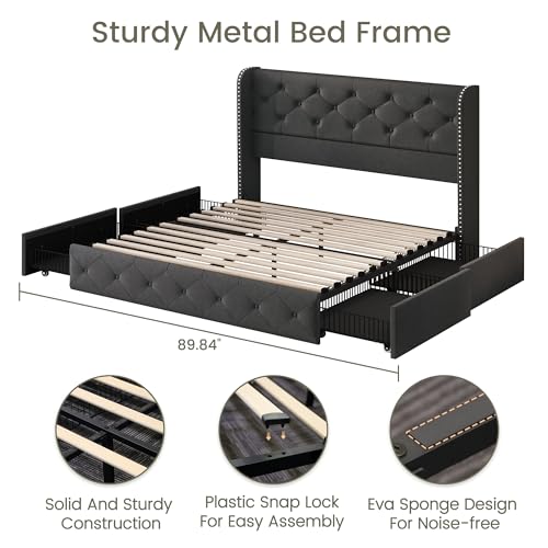 King Size Bed Frame with 4 Storage Drawers and Tufted Headboard Linen Upholstered Platform Bed Frame Wingback Beds with Wooden Slats Support