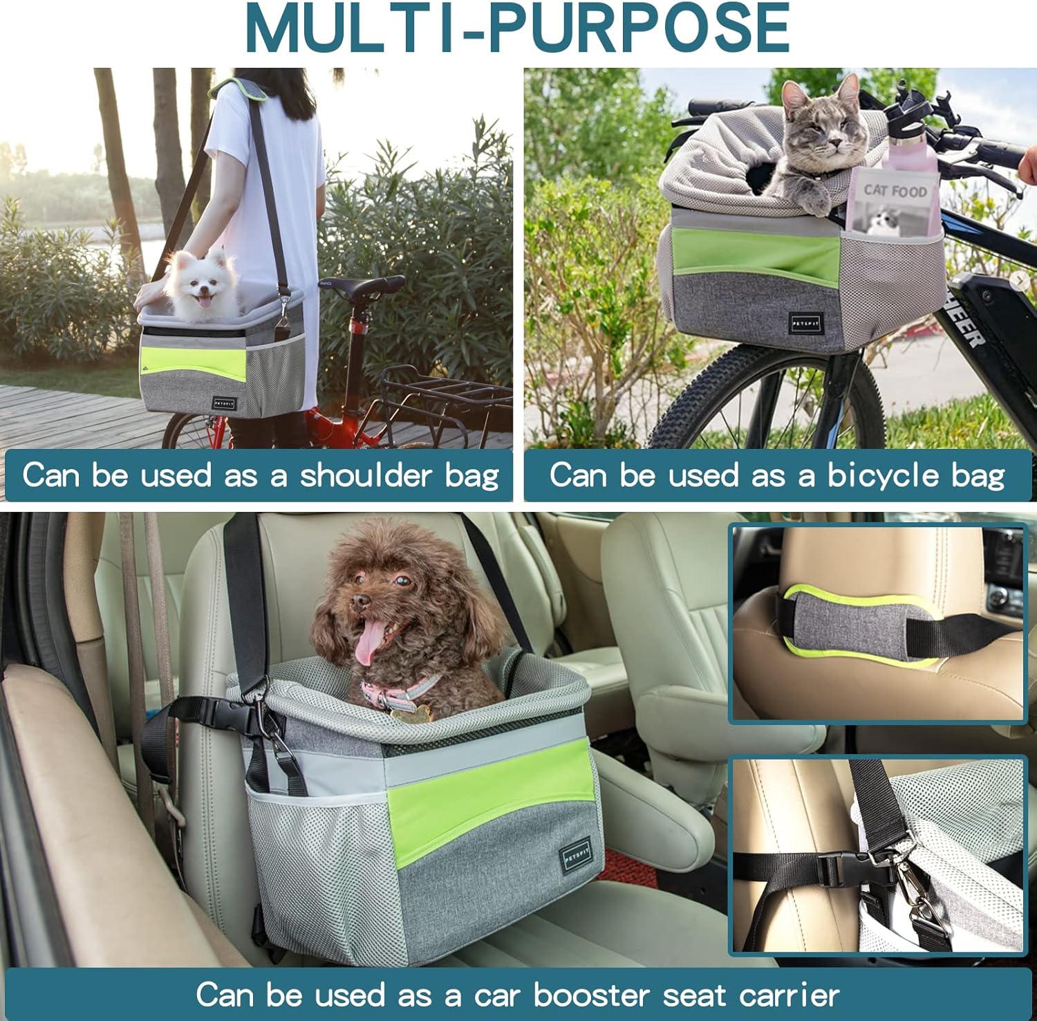 Petsfit Dog Bike Basket, Dog Booster Car Seat, Dog Car Seat for Small Dogs/Cats/Puppies with Safety Rope/Reflective Strips/Two side storage pockets