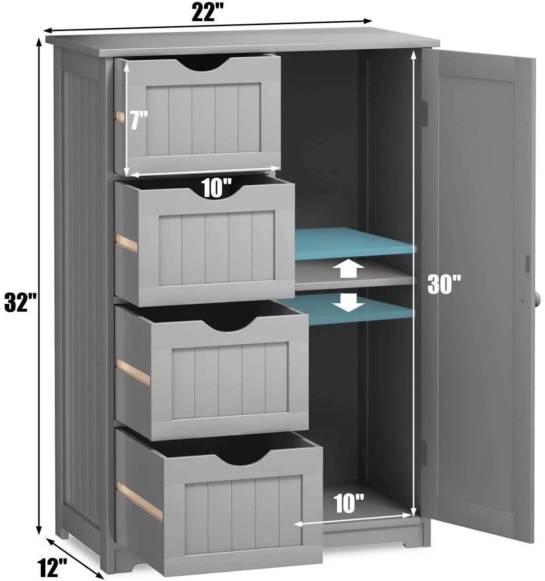 Bathroom Storage Cabinet Freestanding, Floor Cabinet with 4 Drawers & 1 Cupboard, 3-Level Adjustable Shelf & Anti-Toppling Device