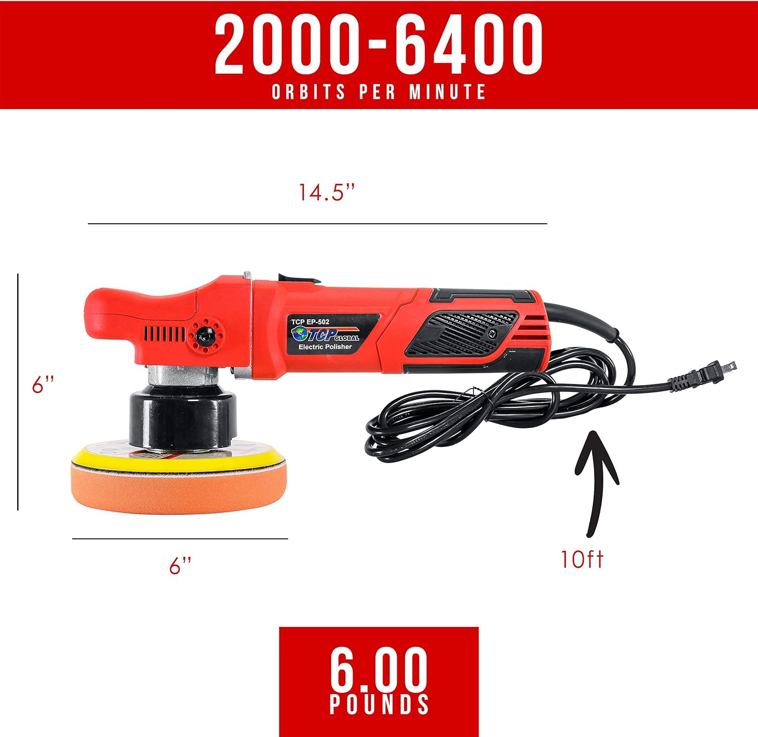 TCP Global Model EP-502-6" Variable Speed Random Orbit Dual-Action Polisher with a 6 Pad (Waffle Foam & Wool) Professional Buffing and Polishing Kit