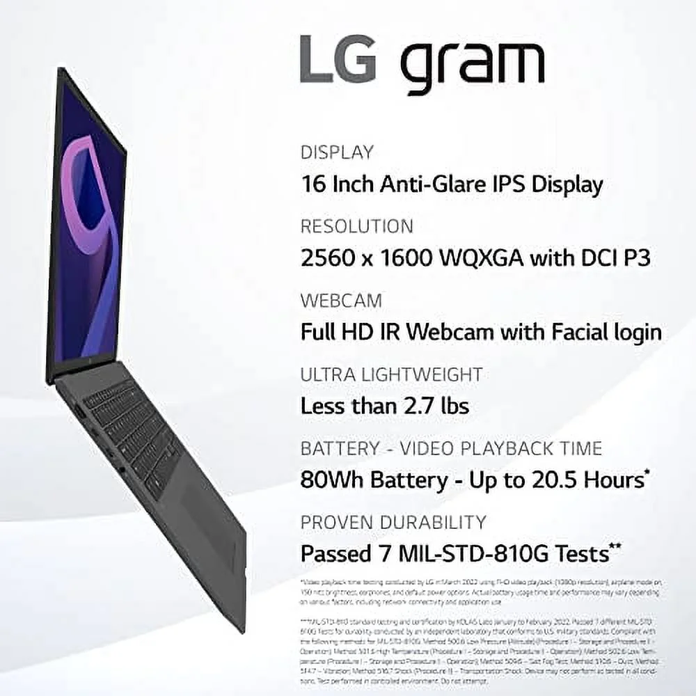 LG Gram (2022) 16Z90Q Ultra Lightweight Laptop, 16" (2560 x 1600) IPS Display, Intel Evo 12th Gen i5 1240P Processor, 16GB LPDDR5, 512GB NVMe SSD