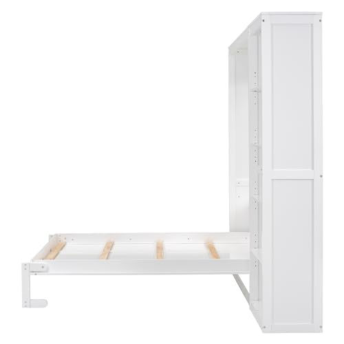 Harper & Bright Designs Full Size Murphy Bed Wall Bed with Storage Shelves, Drawers and LED Lights
