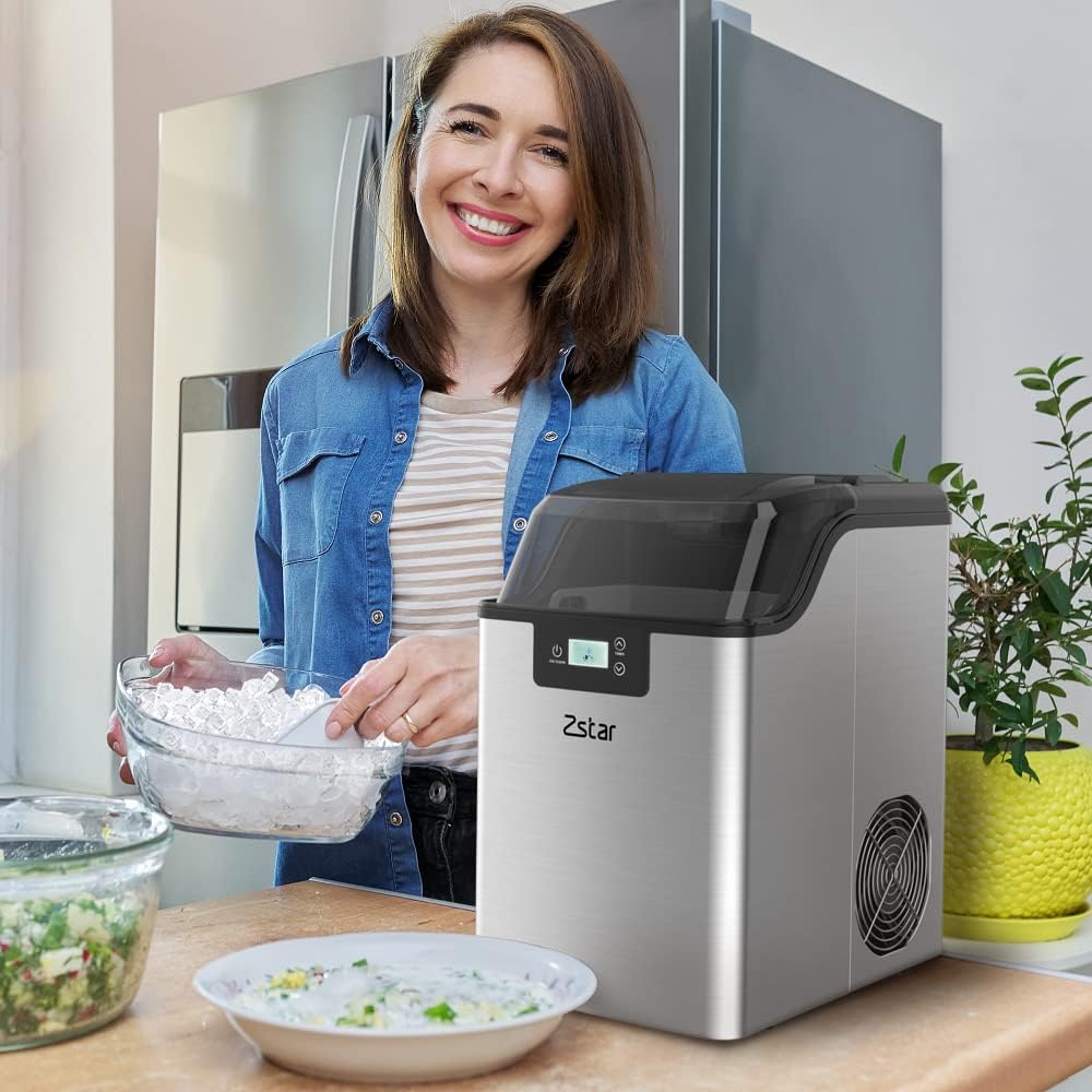 Nugget Ice Maker, Zstar Countertop Ice Maker, Stainless Steel Pebble Ice Maker, 44LBs/24H, Self-Cleaning and Timer Function
